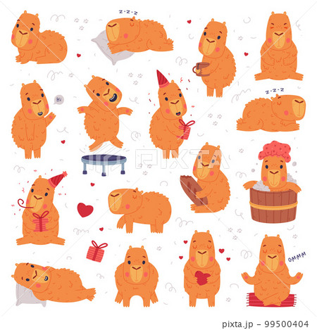 Cute baby capybara characters set. Funny animal of South America in different activities cartoon vector illustration 99500404
