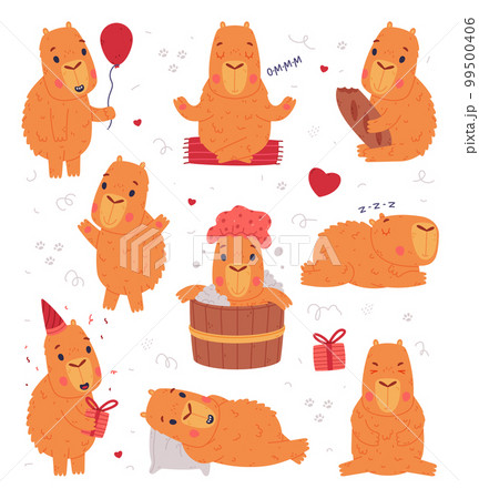 Cute baby capybara characters set. Funny animal of South America walking, meditating, eating, bathing cartoon vector illustration 99500406