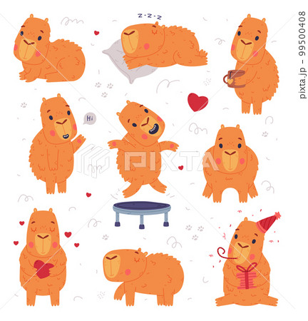 Cute baby capybara characters set. Funny animal of South America lying, sleeping, jumping on trampoline and celebrating holidays cartoon vector illustration 99500408