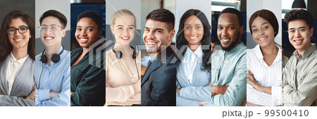 Mosaic of positive young men and women in formal outwear 99500410