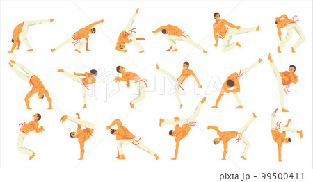 Man practicing capoeira movement set. Young man doing different combat elements cartoon vector Illustration 99500411