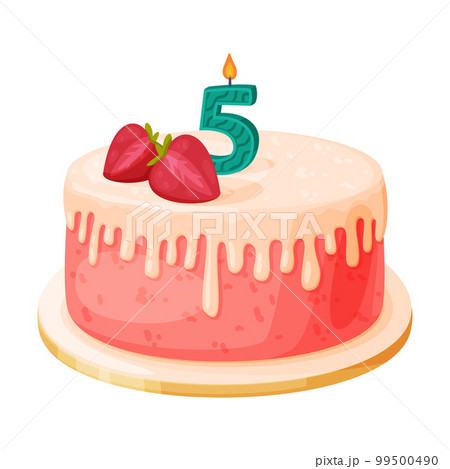 Candle on birthday cake with 5 number age. Festive dessert burning number shaped candle cartoon vector illustration 99500490