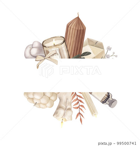 Watercolor logo frame of modern scented candles of soy and coconut wax, essential oils, craft trendy candles. Hand-drawn illustration isolated on white background for aromatherapy, home, meditation 99500741