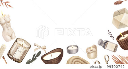 Watercolor frame of modern scented candles of soy and coconut wax, essential oils, craft trendy candles. Hand-drawn illustration isolated on white background for aromatherapy, hygge home, meditation Watercolor frame of modern scented candles of soy and coconut wax, essential oils, craft trendy candles. Hand-drawn illustration isolated on white background for aromatherapy, hygge home, meditation 99500742