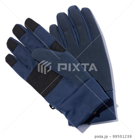 A pair of blue men's winter textile gloves on a white isolated background 99501239