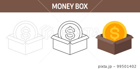 Money Box tracing and coloring worksheet for kids 99501402