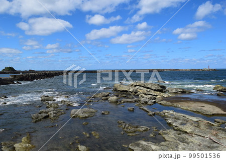 奇岩怪石の磯が続く 庄内海岸の岩場風景 99501536