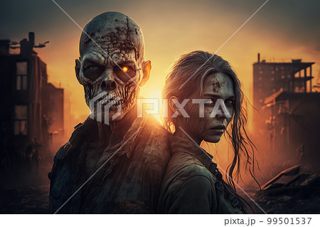 Portrait of zombie in destroyed city at post apocalypse, man and woman, generative AI 99501537