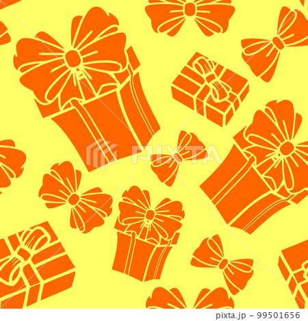 seamless asymmetric pattern of orange gift boxes on a yellow background, texture, background 99501656