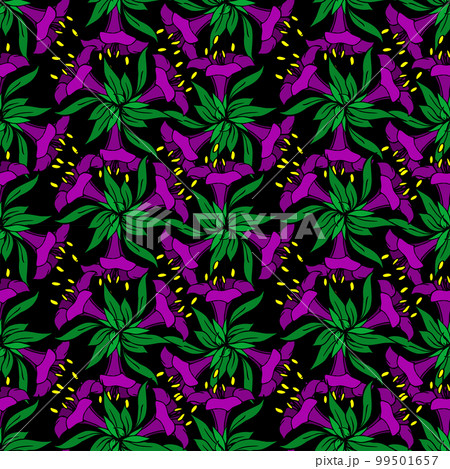 seamless pattern of purple large exotic flowers with a black outline on a black background, texture, design 99501657