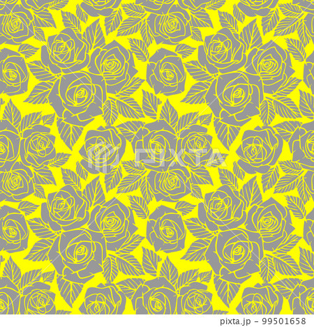 seamless gray asymmetric pattern of rose contours on a yellow background, texture, design 99501658