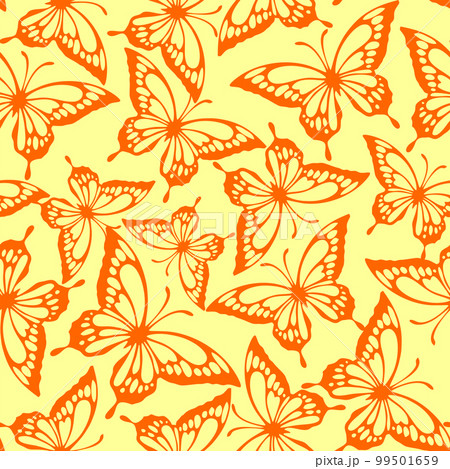 seamless pattern of orange contours of butterflies on a yellow background, texture, design 99501659