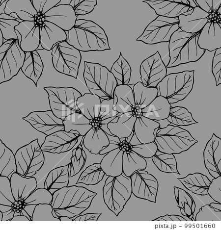 seamless contour pattern of large black flowers on a gray background, texture, design 99501660