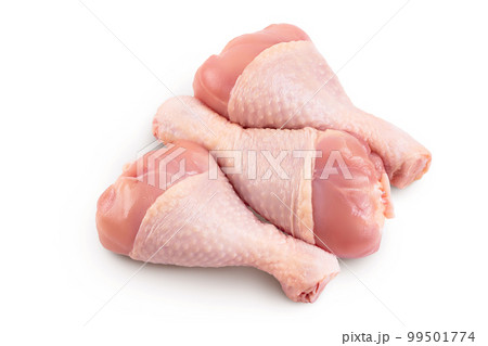 Raw chicken leg or drumstick isolated on white background with full depth of field. Top view. Flat lay 99501774