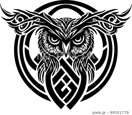 Black and white line art of owl head. Good use for symbol, mascot, icon, avatar, tattoo,T-Shirt design, logo or any design. Vector illustration 99501779