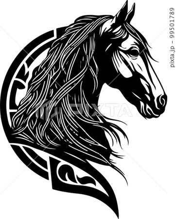 Vector silhouette of a horses head with ornament. Vector illustration 99501789