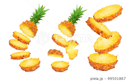 falling pineapple slices isolated on white background with full depth of field falling pineapple slices isolated on white background with full depth of field 99501867
