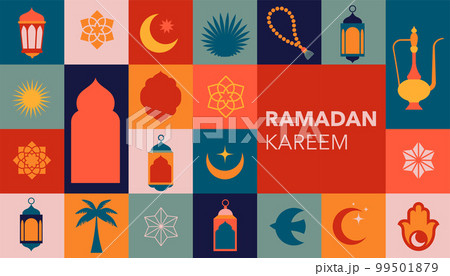 Geometric style colorful Islamic Ramadan Kareem banner, poster design. Mosque, moon, dome and 99501879