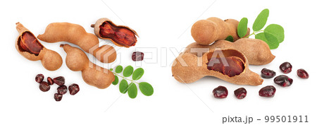 Tamarind fruit with leaf and seed isolated on white background, Top view. Flat lay Tamarind fruit with leaf and seed isolated on white background, Top view. Flat lay 99501911