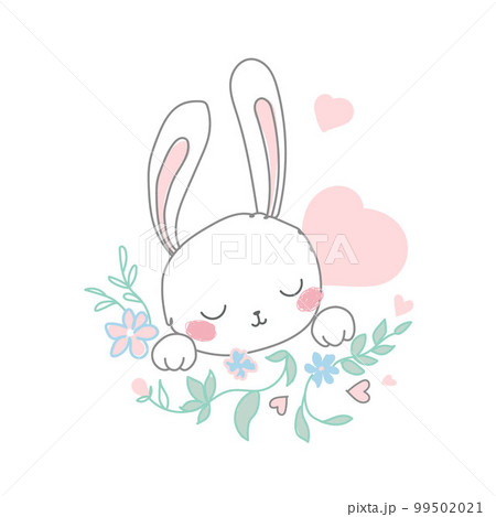 Delicate white hare in pink and blue colors and hearts around. Childrens vector illustration in pastel colors. For newborn and babys 99502021