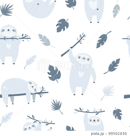Seamless pattern with cute funny sloths hanging on branches in the forest 99502830