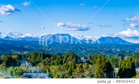 五ヶ瀬ワイナリー展望台から観た絶景風景「阿蘇五岳パノラマ風景と五ヶ瀬町風景」 99503422
