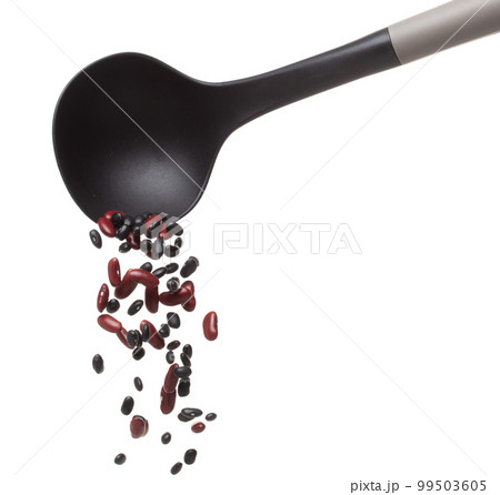 Mix black red beans fall down explosion, several kind bean float pouring in ladle. Dried red black mixed beans splash throwing in Air. White background Isolated high speed shutter freeze motion 99503605