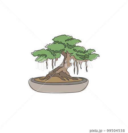 Single continuous line drawing of beautiful and exotic Japan bonsai tree. Decorative old small banyan tree concept for home decor wall art poster print. Modern one line draw design vector illustration Single continuous line drawing of beautiful and exotic Japan bonsai tree. Decorative old small banyan tree concept for home decor wall art poster print. Modern one line draw design vector illustration 99504538