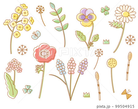 菜の花やパンジー・アネモネなどの春の花のイラストのセット　線画と塗りバージョン　 99504915