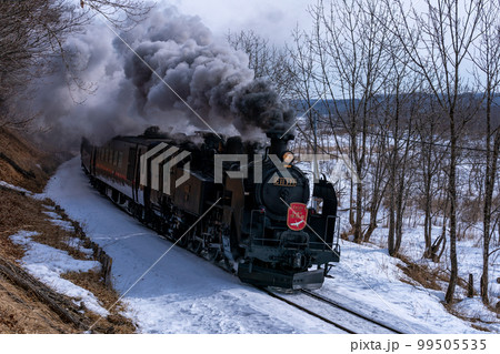 黒煙をあげながらコーナーをまわるSL冬の湿原号 99505535