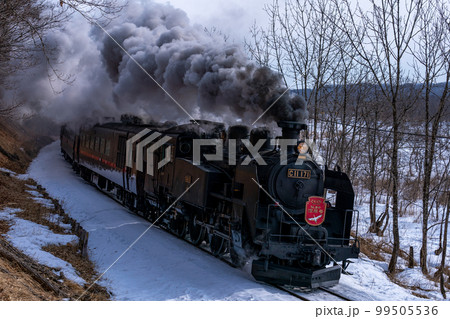 黒煙をあげながらコーナーをまわるSL冬の湿原号 99505536