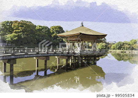 水彩画風　奈良公園　浮見堂　鷺池　奈良県奈良市 99505834