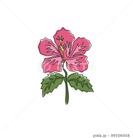 One single line drawing of beauty fresh hibiscus for garden logo. Decorative rose mallow flower concept for wall home decor poster. Modern continuous line draw graphic design vector illustration One single line drawing of beauty fresh hibiscus for garden logo. Decorative rose mallow flower concept for wall home decor poster. Modern continuous line draw graphic design vector illustration 99506008