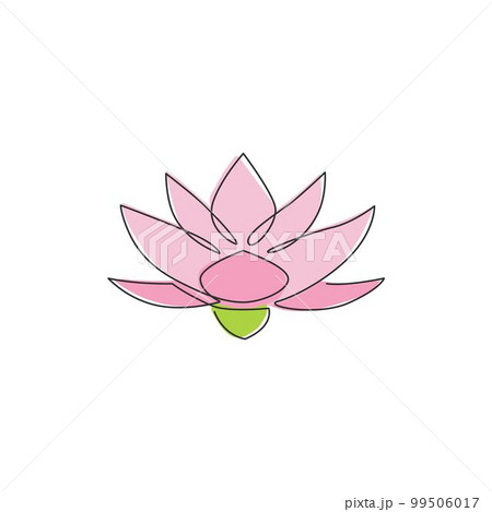 Single continuous line drawing of beauty fresh lotus for healthcare spa business logo. Printable decorative water lily flower concept home wall decor poster. One line draw design vector illustration Single continuous line drawing of beauty fresh lotus for healthcare spa business logo. Printable decorative water lily flower concept home wall decor poster. One line draw design vector illustration 99506017
