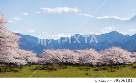 桜,遠くに山,青い空,AIイラスト 桜,遠くに山,青い空,AIイラスト 99506181