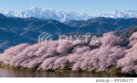 桜,手前に水面,遠くに雪山,青い空,AIイラスト 桜,手前に水面,遠くに雪山,青い空,AIイラスト 99506277