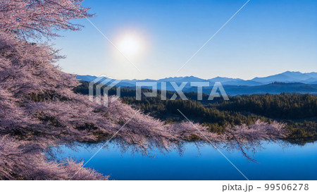 桜,手前に水面,遠くに雪山,青い空,AIイラスト 99506278