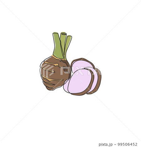 Single continuous line drawing of whole healthy organic taro for farm logo identity. Fresh tropical plant edible corm concept for root vegetable icon. Modern one line draw design vector illustration Single continuous line drawing of whole healthy organic taro for farm logo identity. Fresh tropical plant edible corm concept for root vegetable icon. Modern one line draw design vector illustration 99506452