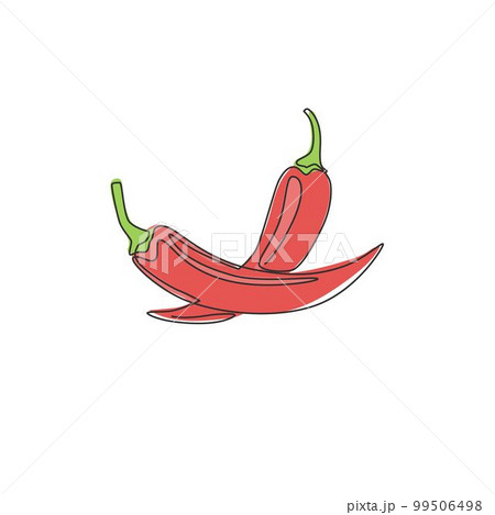 Single continuous line drawing of whole healthy organic hot chili for farm logo identity. Fresh chilli pepper concept for vegetable icon. Modern one line draw design graphic vector illustration Single continuous line drawing of whole healthy organic hot chili for farm logo identity. Fresh chilli pepper concept for vegetable icon. Modern one line draw design graphic vector illustration 99506498