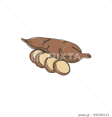 One single line drawing whole healthy organic yuca cassava for plantation logo identity. Fresh woody shrub concept tropical crop icon. Modern continuous line draw graphic design vector illustration 99506512