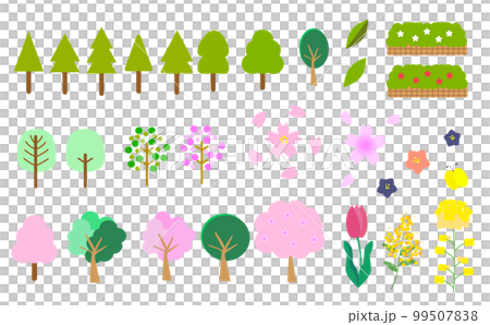 春の植物の素材セット　木　チューリップ 99507838