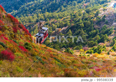 雲仙仁田峠ロープウェイ山頂から観た絶景パノラマ風景「長崎県雲仙仁田峠」秋晴れ紅葉景色 99508339