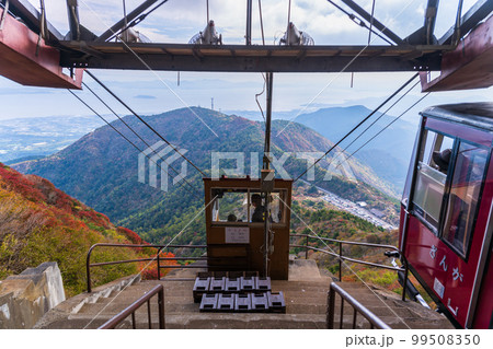 雲仙仁田峠ロープウェイ山頂から観た絶景パノラマ風景「長崎県雲仙仁田峠」秋晴れ紅葉景色 99508350