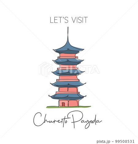 Single continuous line drawing Chureito Pagoda landmark. Beautiful famous place in Fujiyoshida, Japan. World travel tour wall decor poster art concept. Modern one line draw design vector illustration 99508531