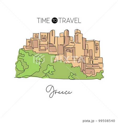Single continuous line drawing old Areopoli Greek Village landmark. Beauty famous place in Laconia Greece. World travel wall decor poster print concept. Modern one line draw design vector illustration 99508540
