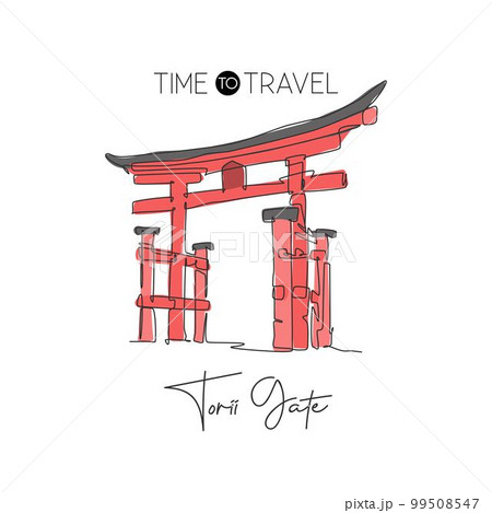 One single line drawing Torii Gate landmark. World famous iconic marks in Japan culture. Tourism travel postcard wall decor poster print concept. Modern continuous line draw design vector illustration 99508547