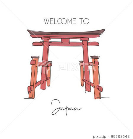 One continuous line drawing Torii Gate landmark greeting. World iconic element in Japanese culture. Holiday vacation wall decor poster print concept. Modern single line draw design vector illustration One continuous line drawing Torii Gate landmark greeting. World iconic element in Japanese culture. Holiday vacation wall decor poster print concept. Modern single line draw design vector illustration 99508548