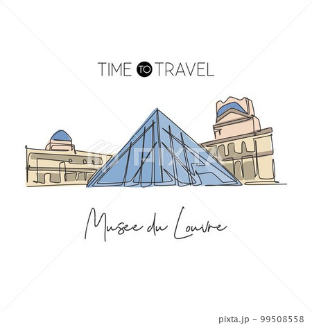 Depok, Indonesia - August 5, 2019: One continuous line drawing of welcome to Musee du Louvre or Louvre Museum. World iconic place in Paris, France. Wall decor poster print concept. Vector illustration Depok, Indonesia - August 5, 2019: One continuous line drawing of welcome to Musee du Louvre or Louvre Museum. World iconic place in Paris, France. Wall decor poster print concept. Vector illustration 99508558