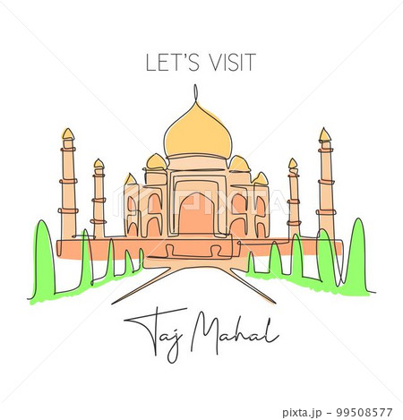 One single line drawing Taj Mahal mosque landmark. World iconic place in Agra, India. Tourism travel postcard wall decor home art poster concept. Modern continuous line draw design vector illustration One single line drawing Taj Mahal mosque landmark. World iconic place in Agra, India. Tourism travel postcard wall decor home art poster concept. Modern continuous line draw design vector illustration 99508577