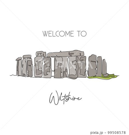 Single continuous line drawing Stonehenge prehistoric landmark. Famous old place in Wiltshire England. World travel home art wall decor poster print concept. One line draw design vector illustration Single continuous line drawing Stonehenge prehistoric landmark. Famous old place in Wiltshire England. World travel home art wall decor poster print concept. One line draw design vector illustration 99508578
